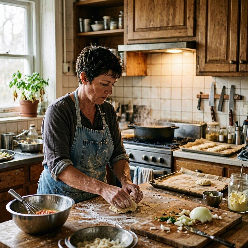 A home cook absorbed in creating a meal, unaware of how much time has passed. A home cook absorbed in creating a meal, unaware of how much time has passed.