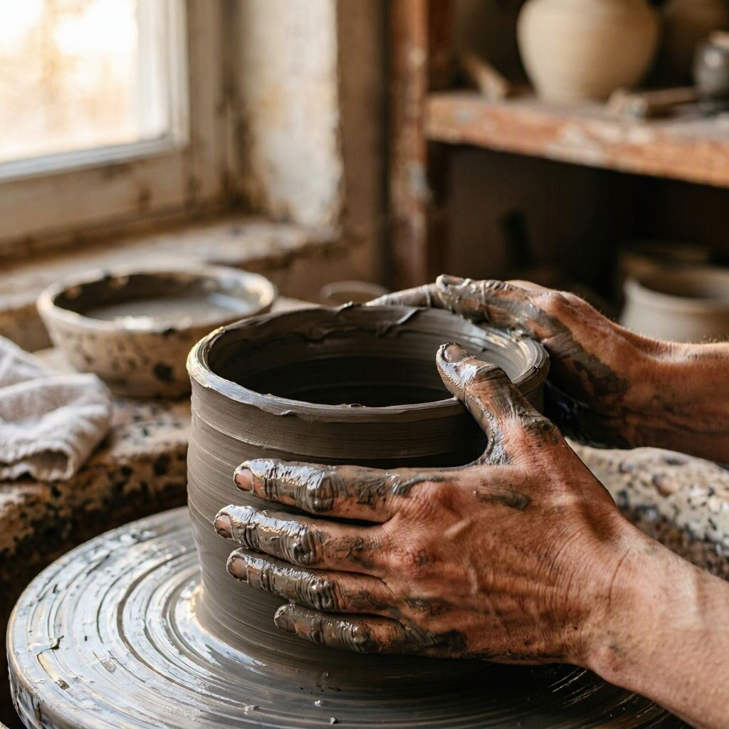 Human hands shaping imperfect clay on a pottery wheel, leaving visible marks of the person creating it. Human hands shaping imperfect clay on a pottery wheel, leaving visible marks of the person creating it.