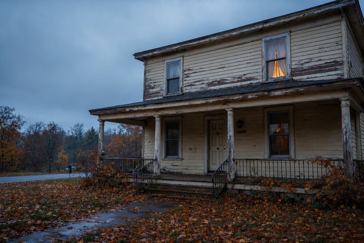 : An old house at dusk with warm light glowing from a window and autumn leaves scattered outside. : An old house at dusk with warm light glowing from a window and autumn leaves scattered outside.
