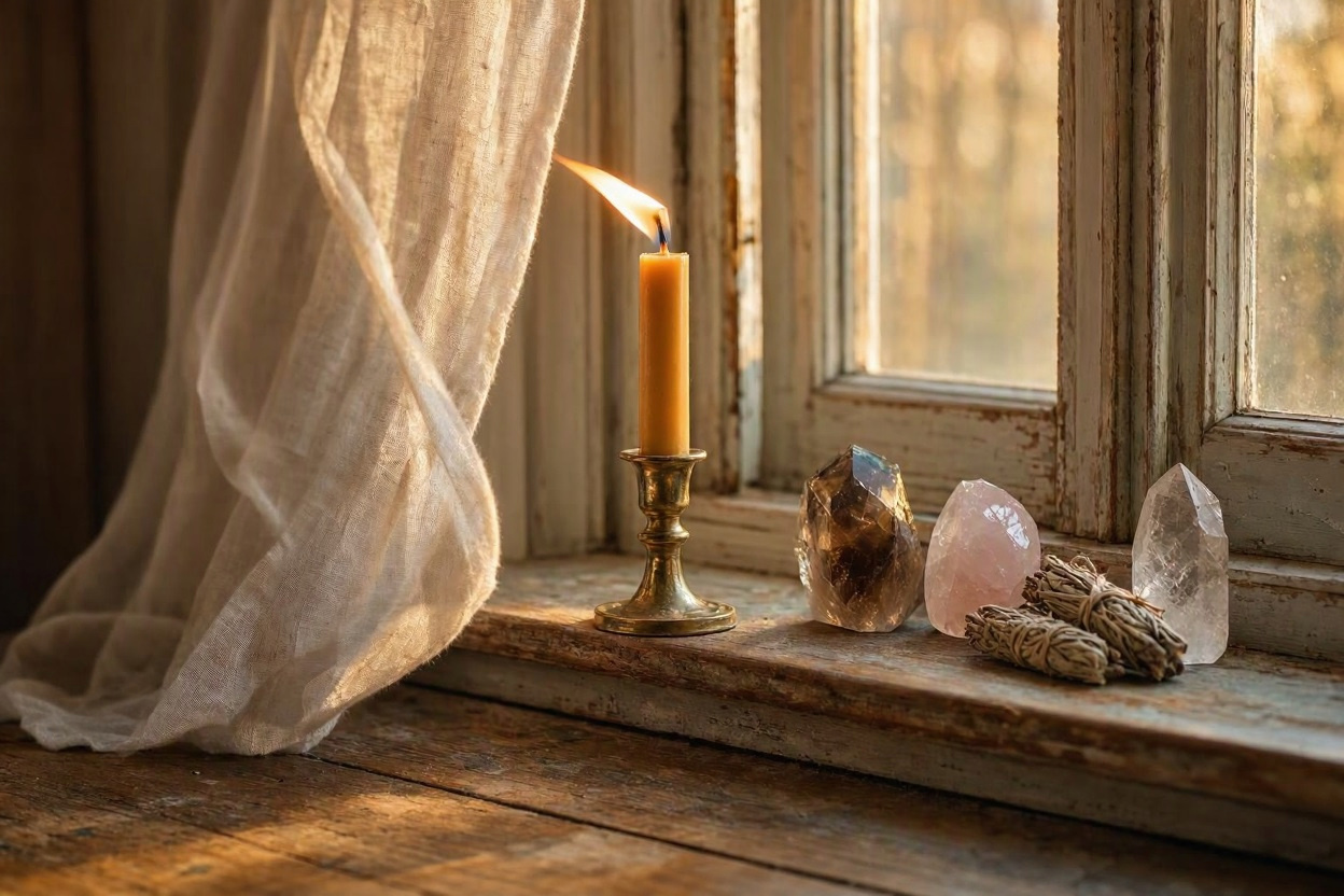 A candle flame bending in a draft beside crystals and sage in an old house. A candle flame bending in a draft beside crystals and sage in an old house.