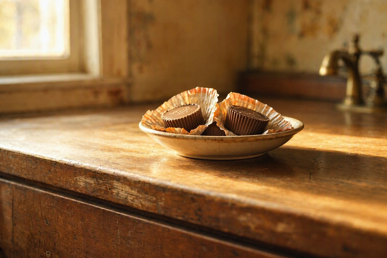 A small dish of Reese's peanut butter cups left on an old kitchen counter. A small dish of Reese's peanut butter cups left on an old kitchen counter.