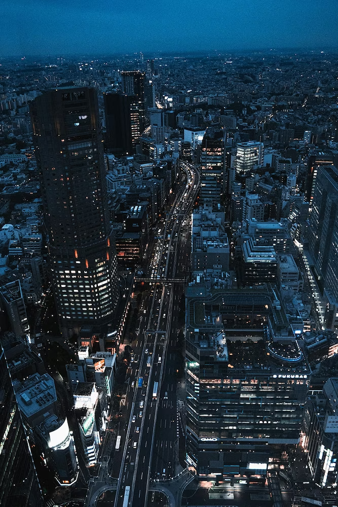 Aerial night view of an illuminated city skyline