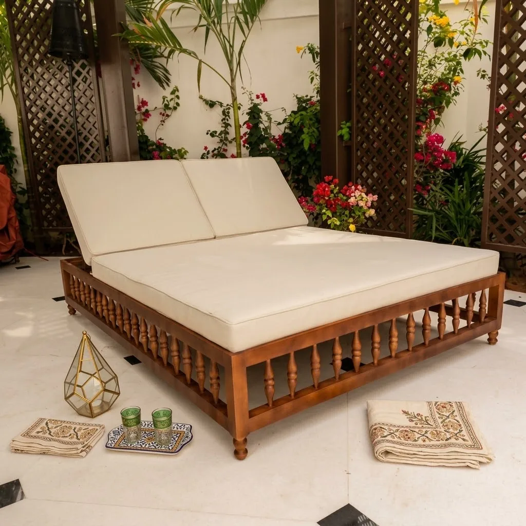 Wooden outdoor daybed with a cream mattress