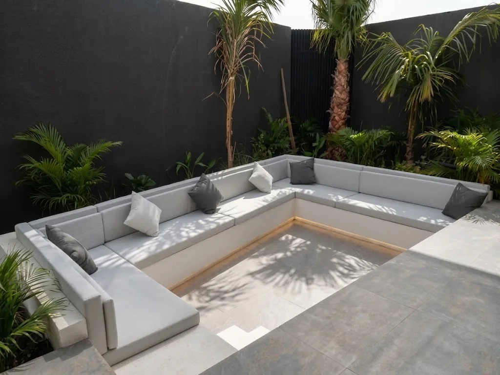 Sunken outdoor seating with grey cushions