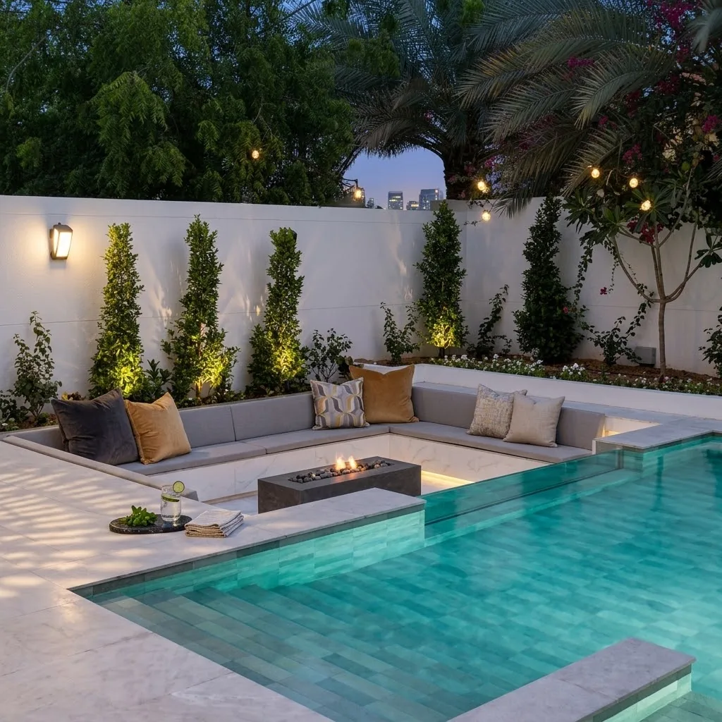 Sunken seating with a fire pit beside a swimming pool