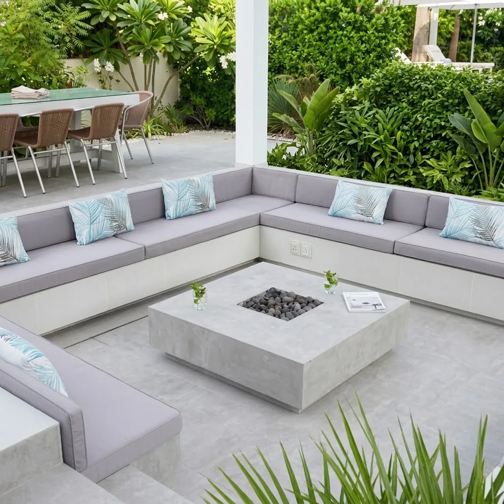 Sunken seating with grey cushions around a fire table