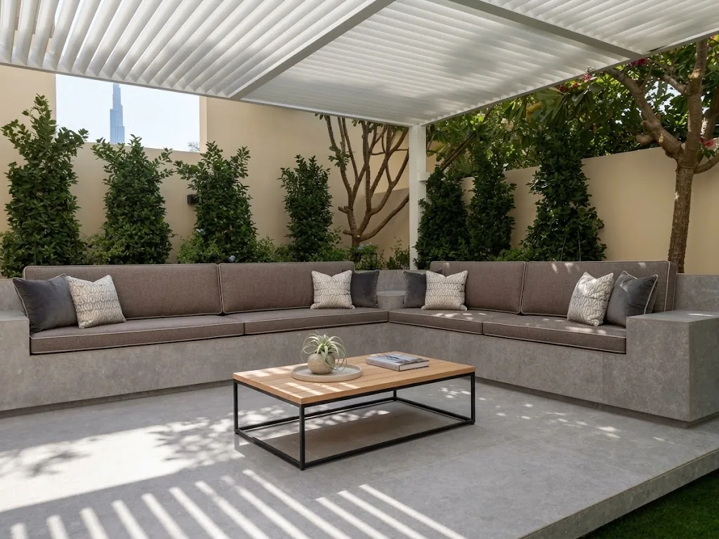 Outdoor sofa with grey cushions under a pergola