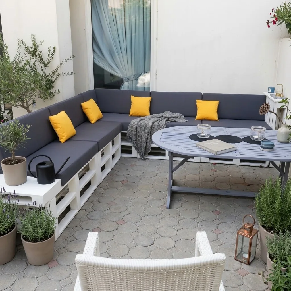 Pallet sofa with grey cushions and yellow pillows on a patio