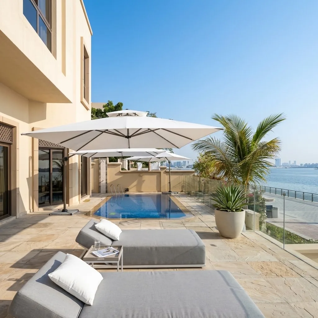 Poolside sunbeds with grey cushions and a sea view