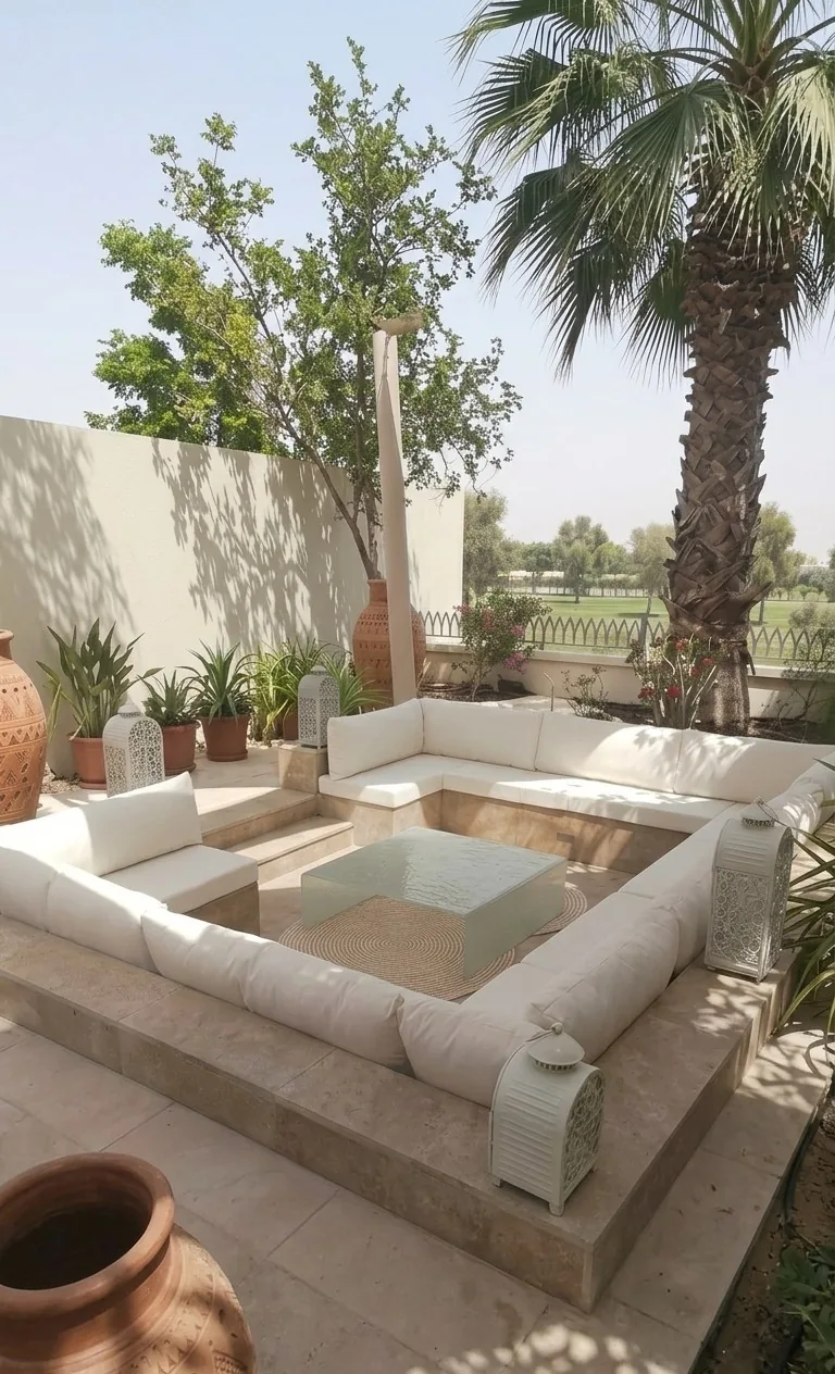 Sunken outdoor seating with custom white cushions in a villa garden