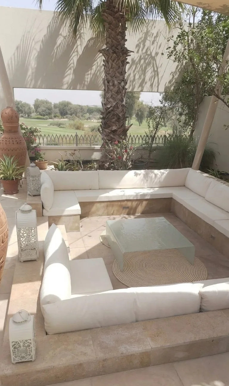 Sunken outdoor seating with white cushions and a golf course view