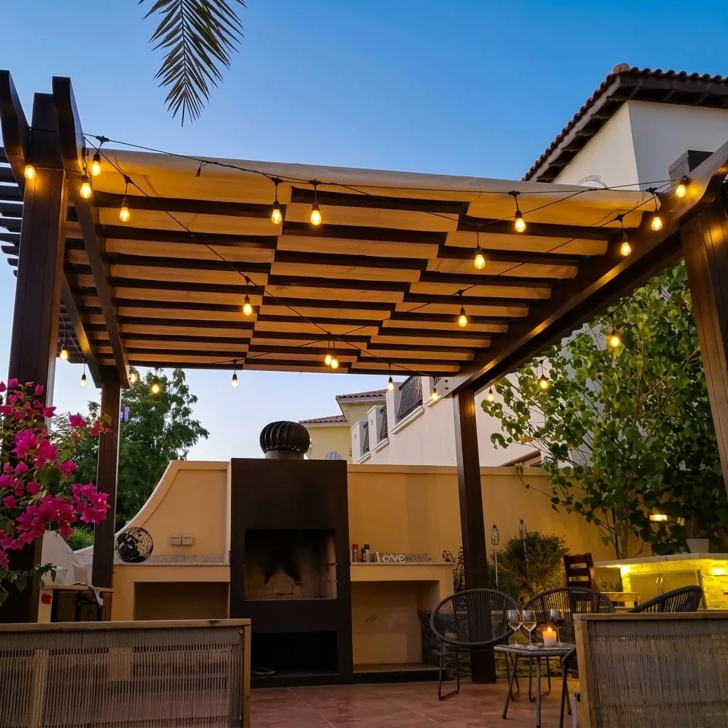 Pergola seating area with string lights and cushions