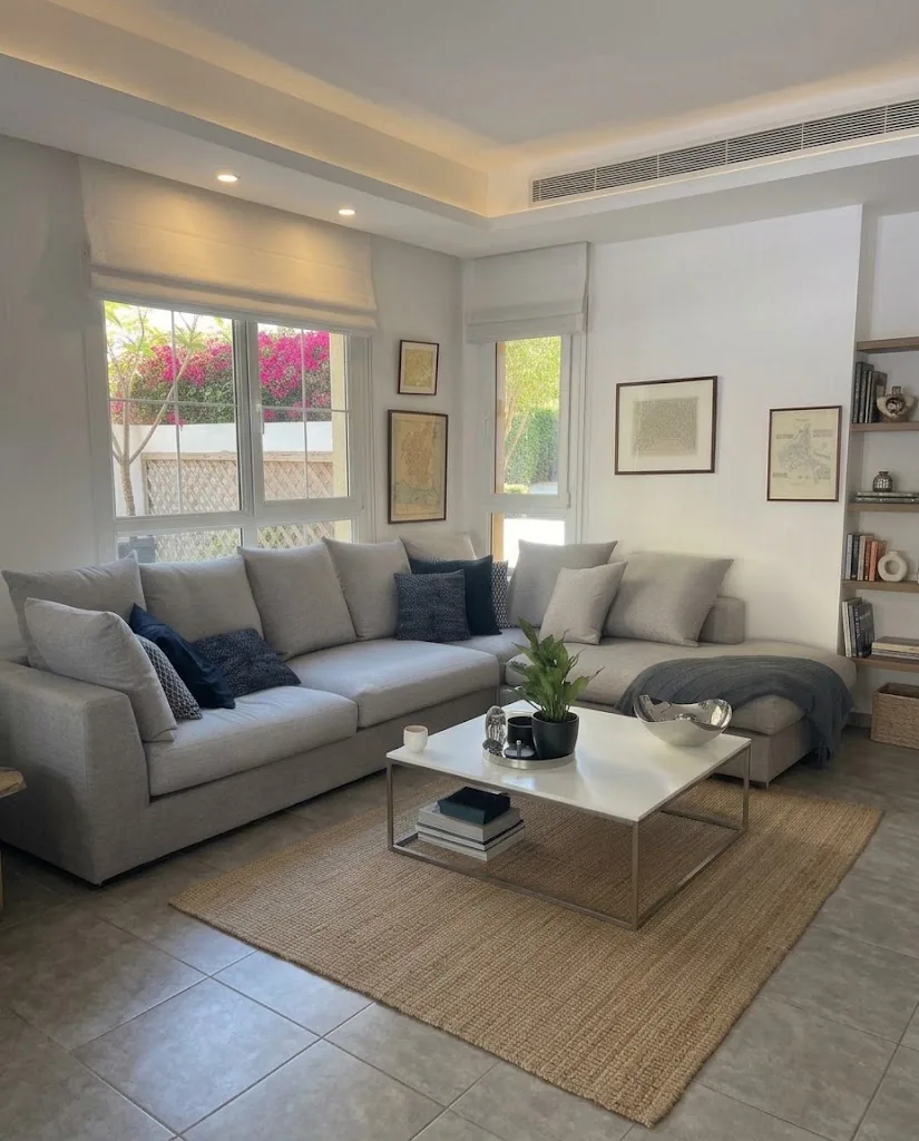 Grey sectional sofa in a living room