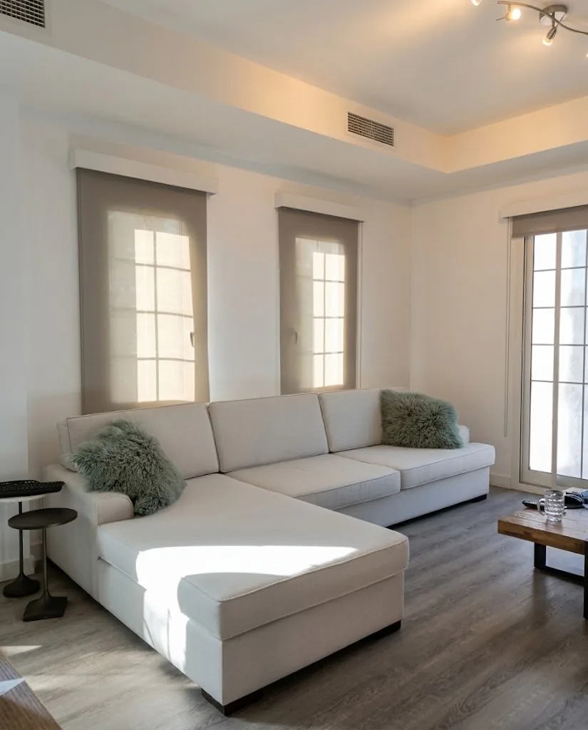 Cream chaise sofa in a bright living room