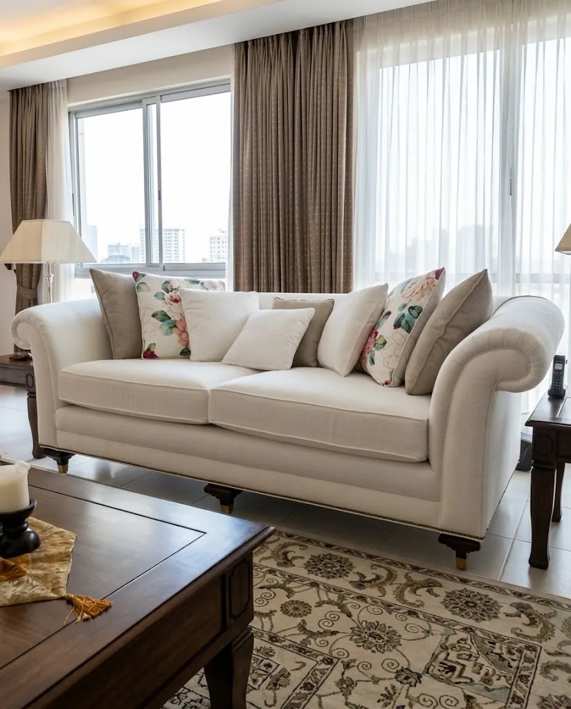 Cream rolled-arm sofa with floral cushions
