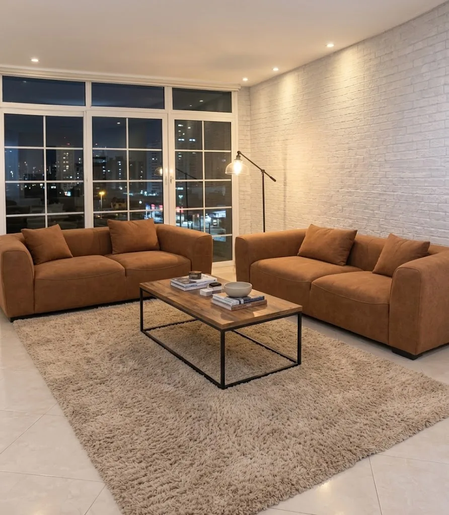 Pair of rust velvet sofas in an apartment with a city view