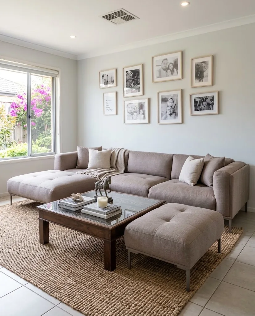 Taupe chaise sofa with matching ottoman