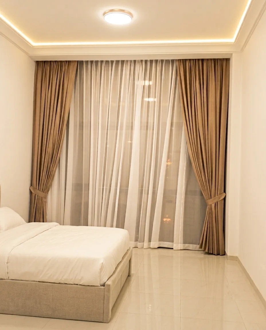 Bedroom window with curtains tied back over white sheers