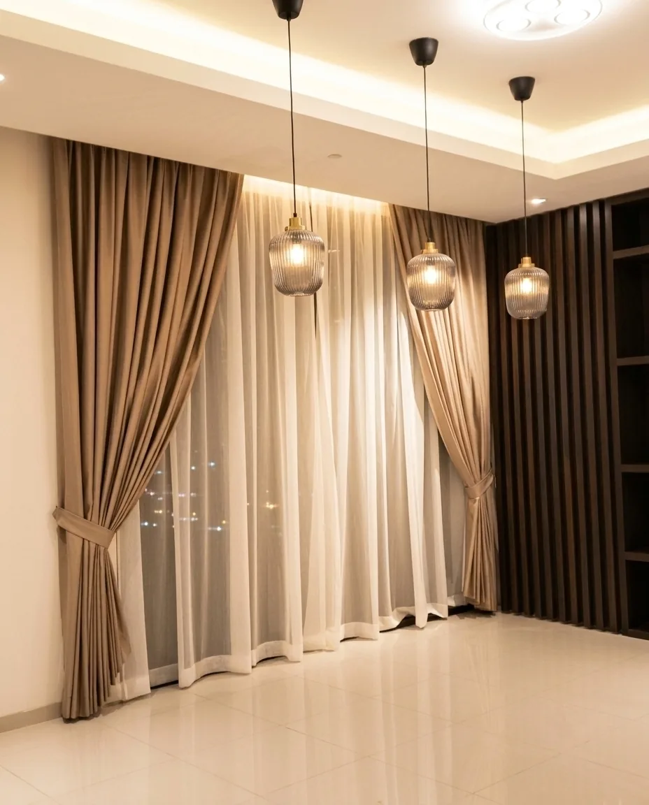 Double-pleat blackout curtains tied back over triple-pleat sheers under pendant lights
