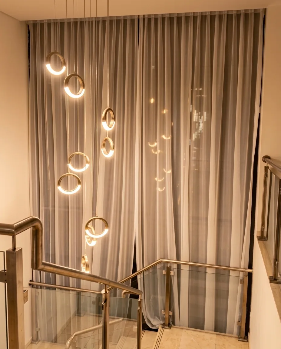 Triple-pleat sheer curtains on a tall stairwell window with pendant lights