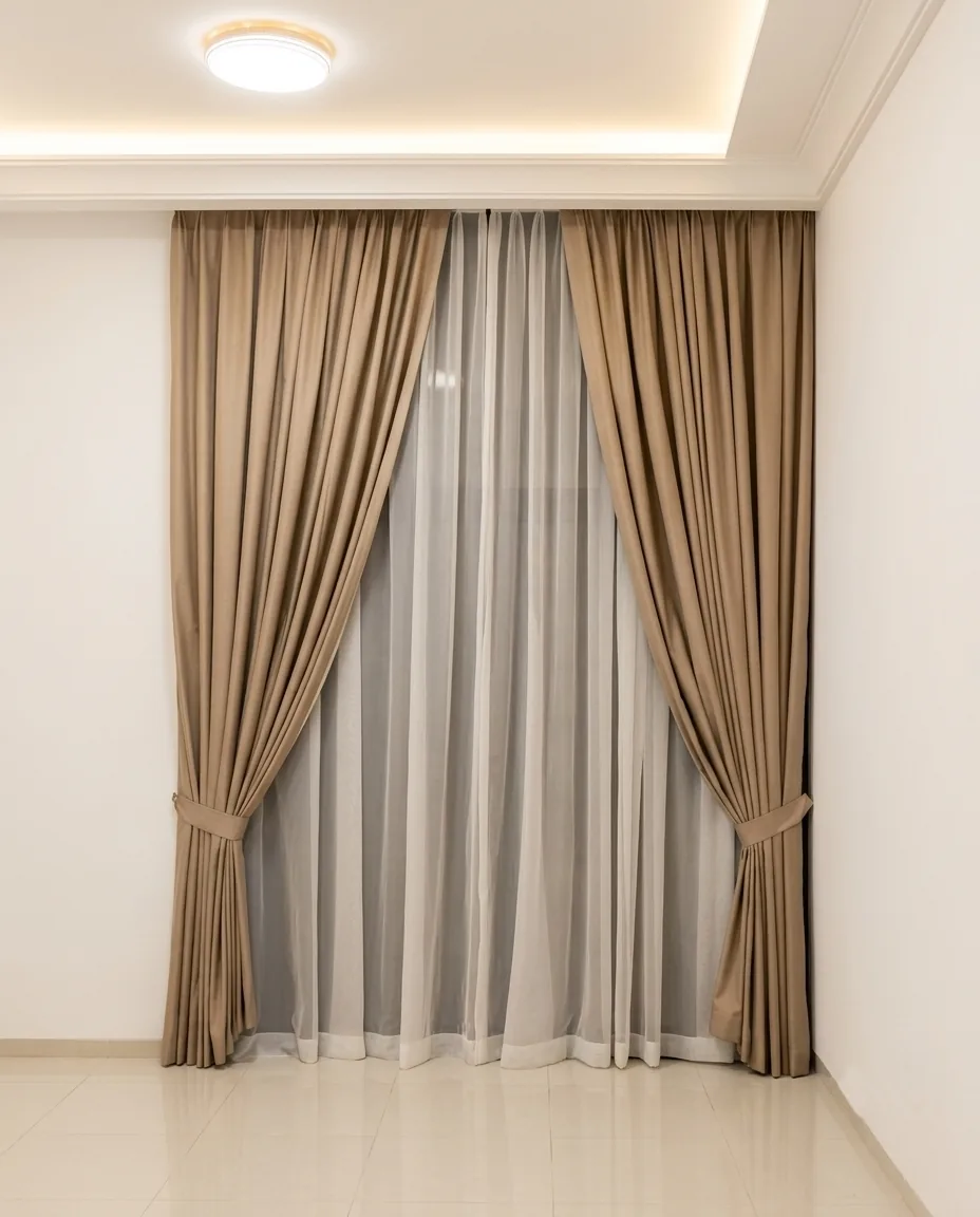 Taupe curtains held back with tie-backs over white sheers