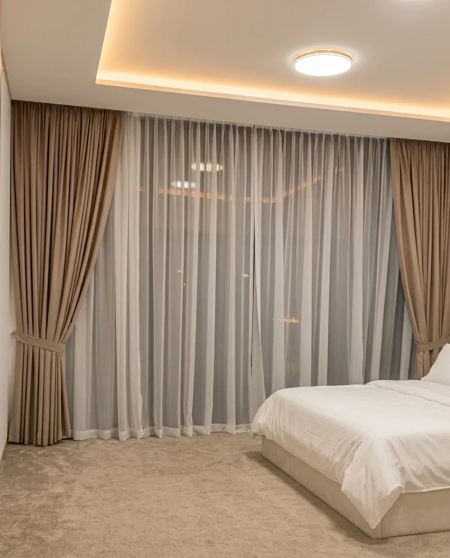 Bedroom curtains layered over full-width sheers beside the bed