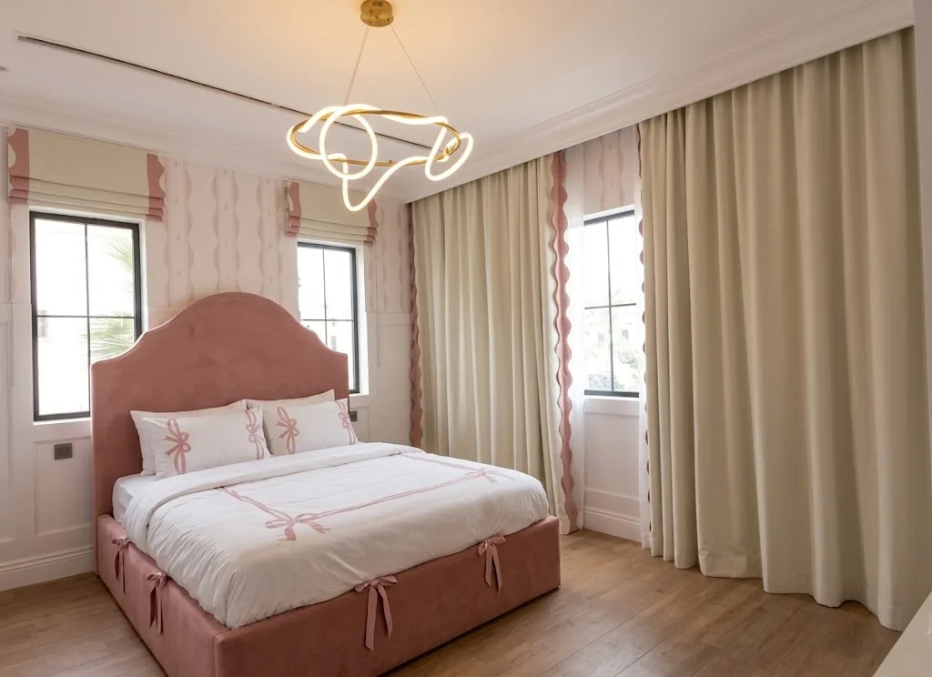 Cream curtains with pink trim in a girl's bedroom