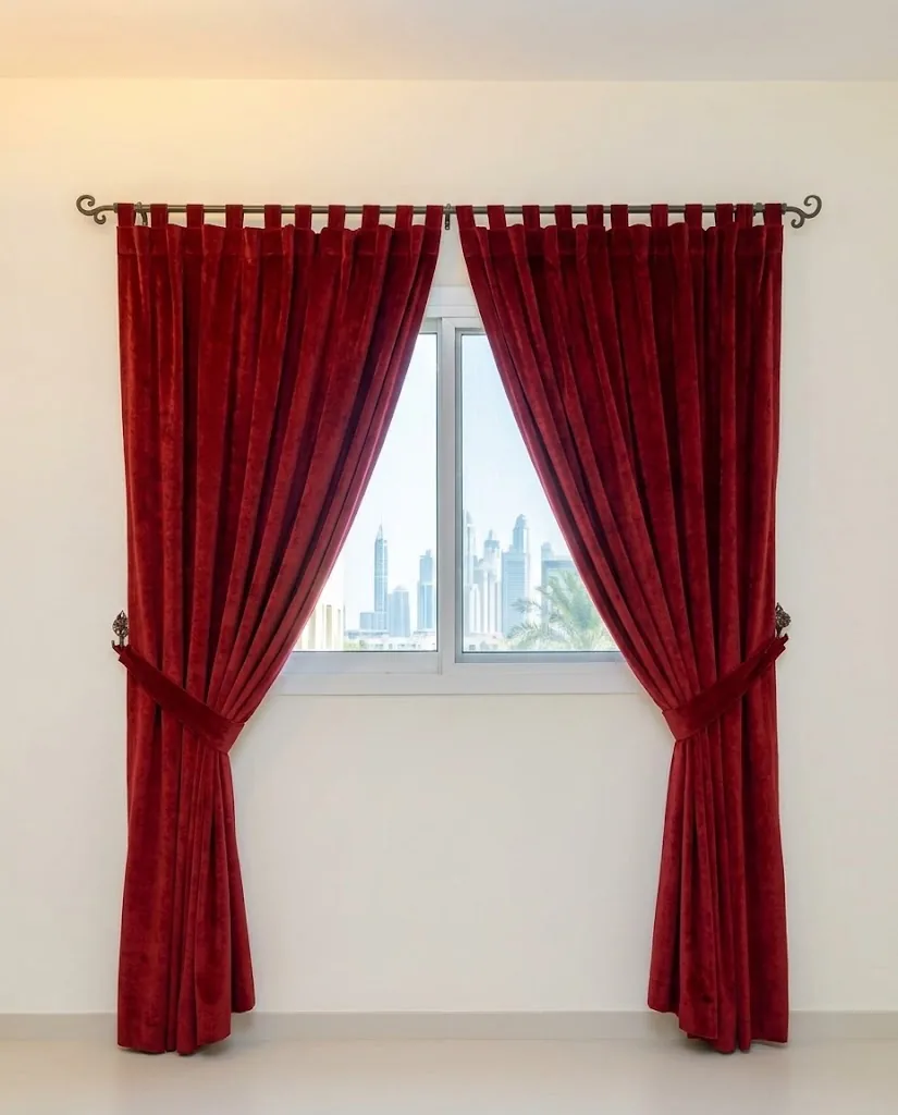 Red velvet tab-top curtains with tie-backs