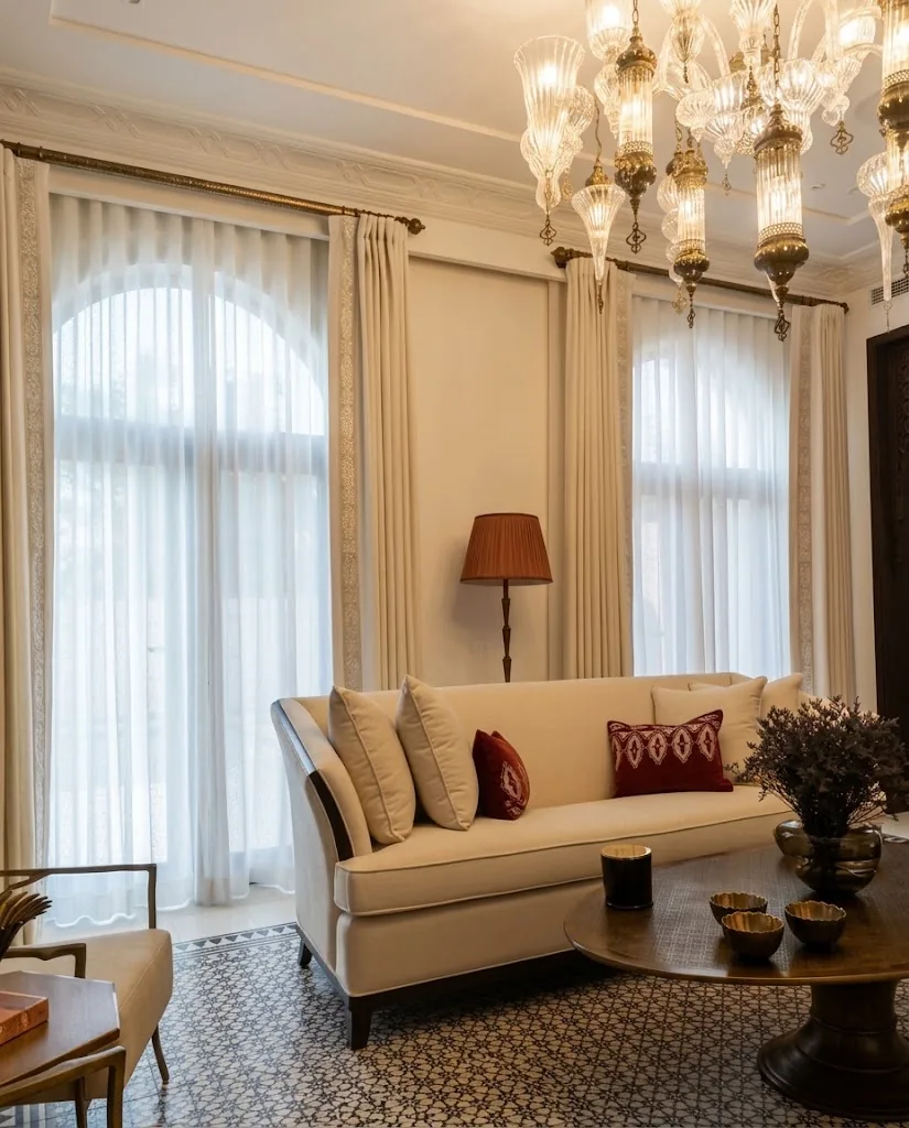 Cream curtains and sheers on arched windows beneath a chandelier
