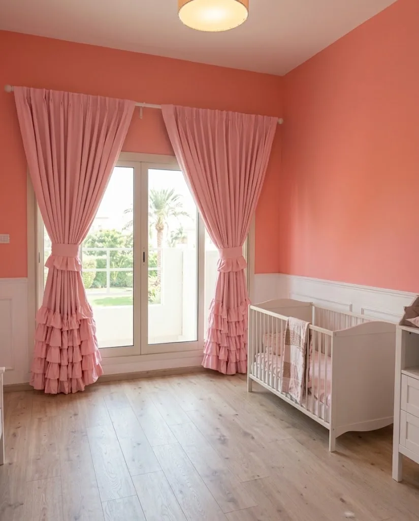 Pink ruffled curtains with tie-backs in a nursery