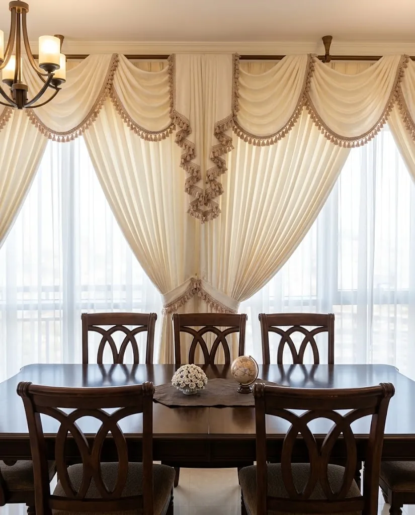 Cream swag-and-tail valance curtains with sheers in a dining room