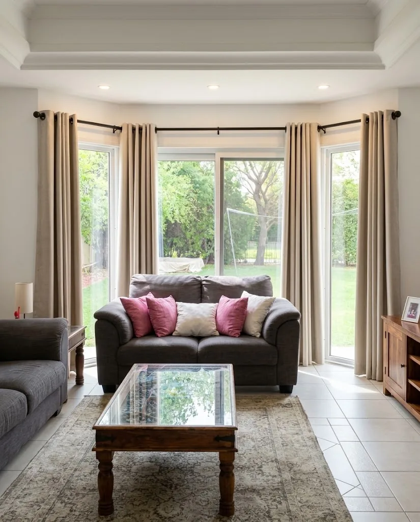 Beige eyelet curtains around a living room bay window