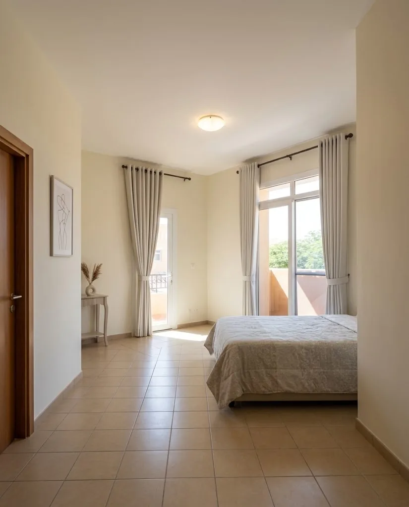 Grey eyelet curtains in a bedroom with a balcony door