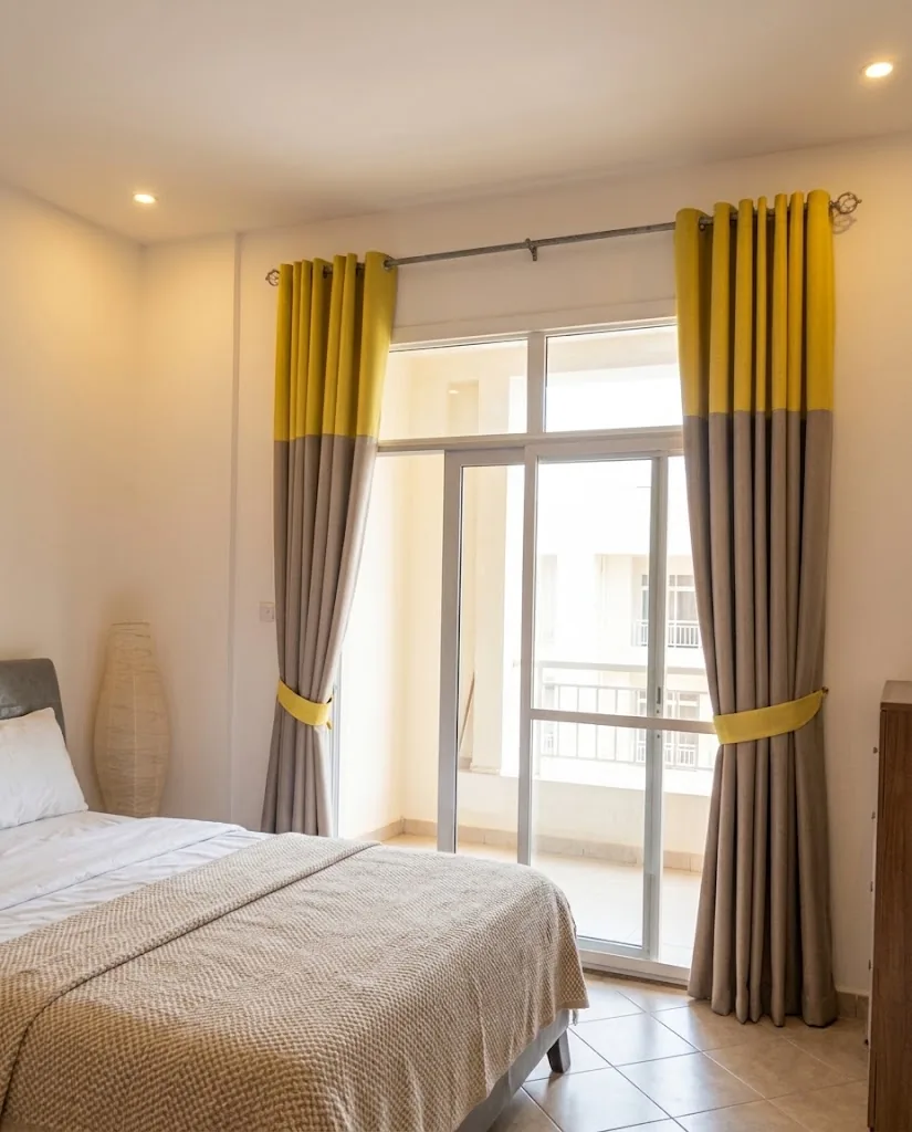 Grey eyelet curtains with yellow tops in a bedroom