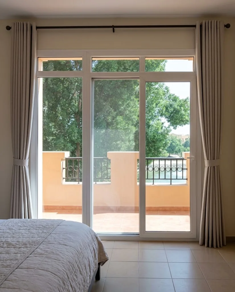 Grey eyelet curtains in a bedroom opening onto a garden terrace