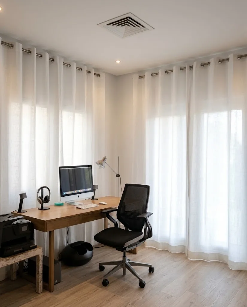 White eyelet sheer curtains in a home office