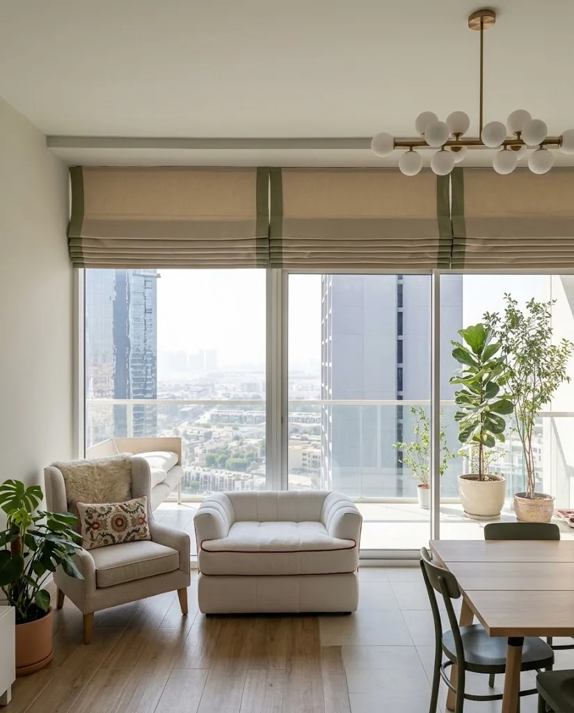 Beige Roman blinds with green trim in a high-rise living room