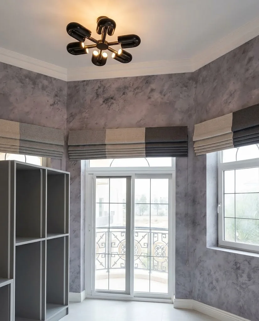 Grey striped Roman blinds around a bay window