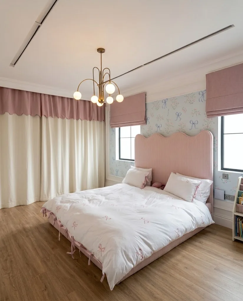 Roman blinds with pink pelmets in a girl's bedroom