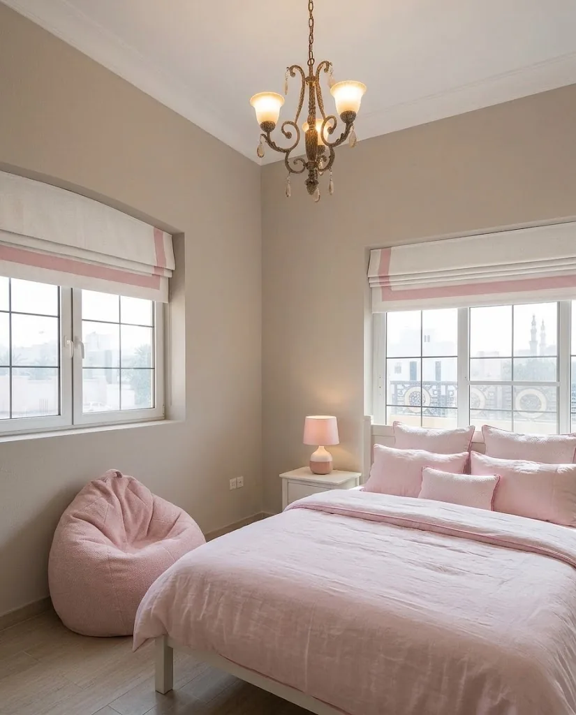 Cream Roman blinds with pink trim in a bedroom with a chandelier