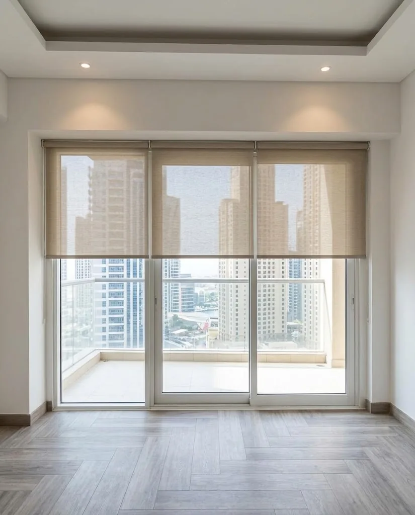 Sunscreen roller blinds on high-rise windows with a Dubai Marina view