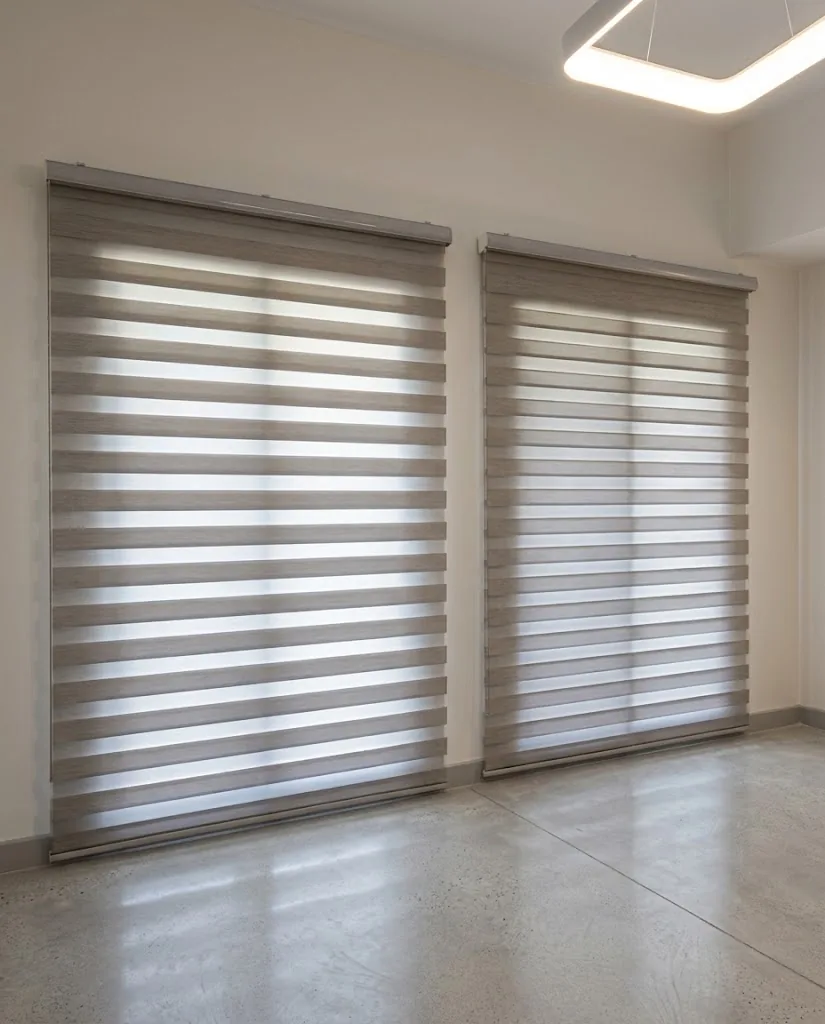 Grey zebra blinds on tall windows