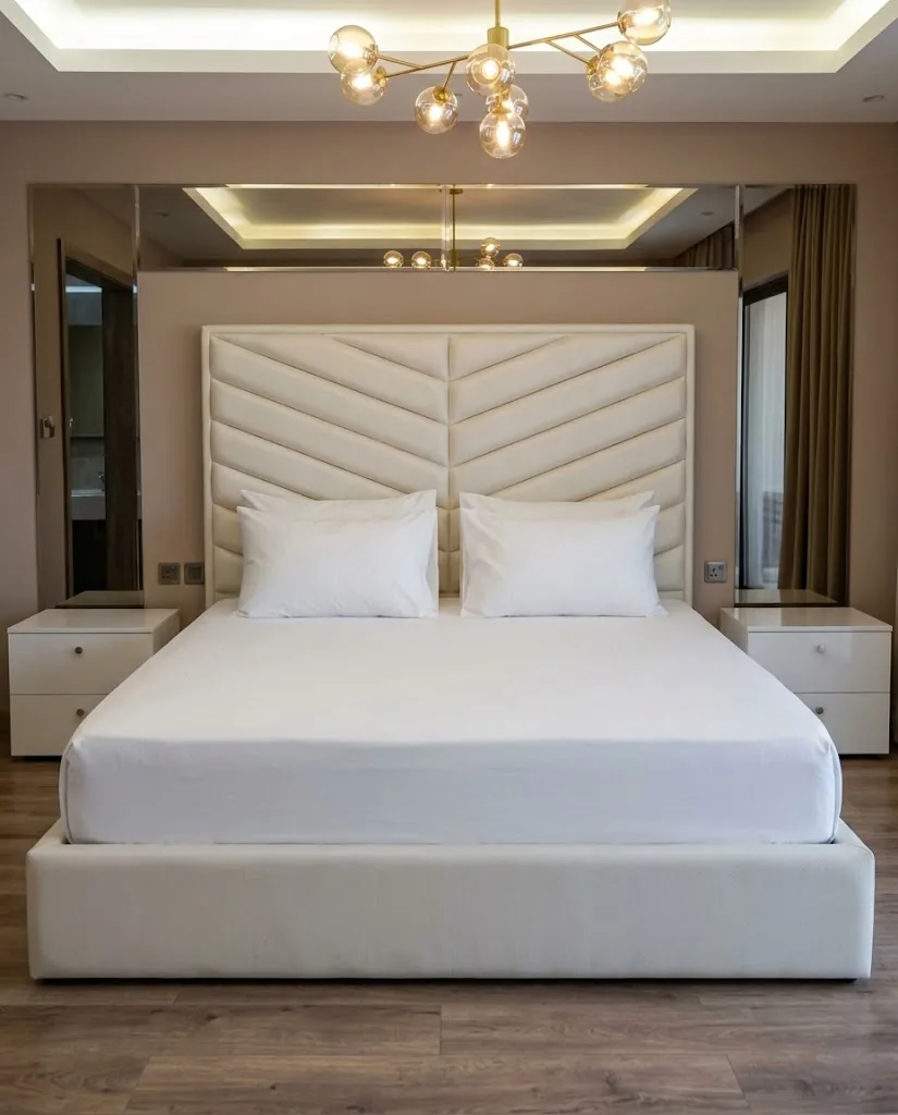 Tall white chevron-stitched upholstered headboard and bed base