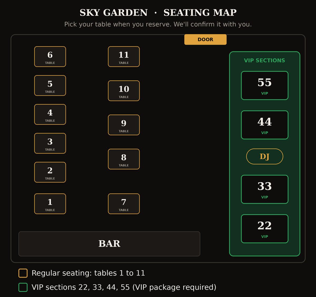 Sky Garden seating map
