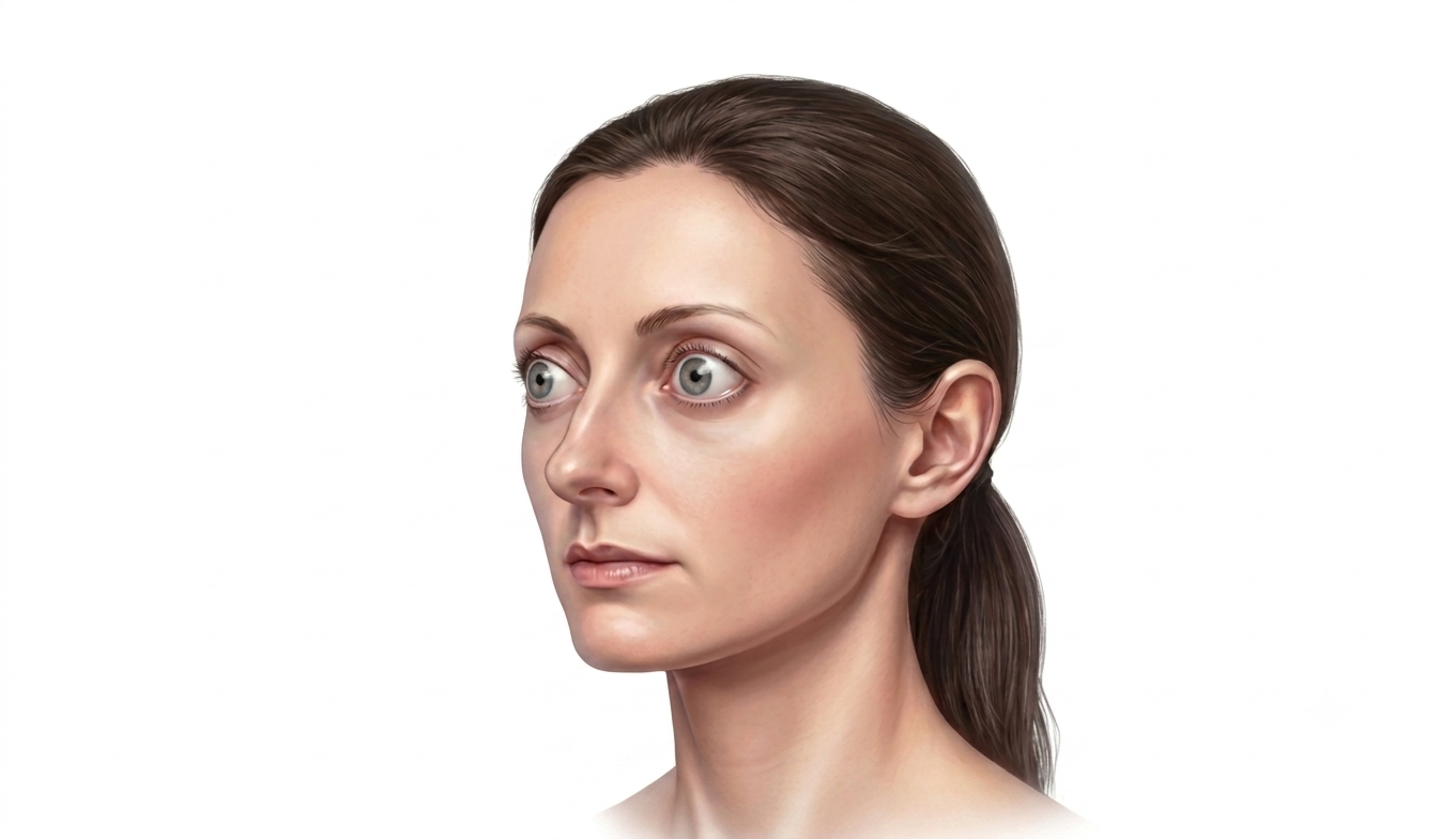 Illustration of vascular Ehlers-Danlos syndrome (vEDS) facial features: thin pinched nose, small chin, prominent eyes and thin lips.