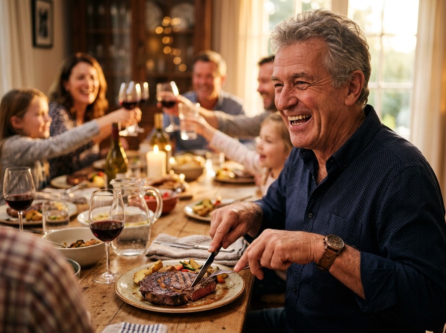 A man laughing at a family dinner while cutting into a steak