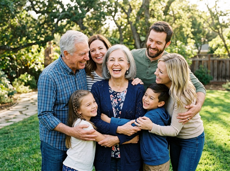 A grandmother laughing with a wide smile at the center of a family group hug