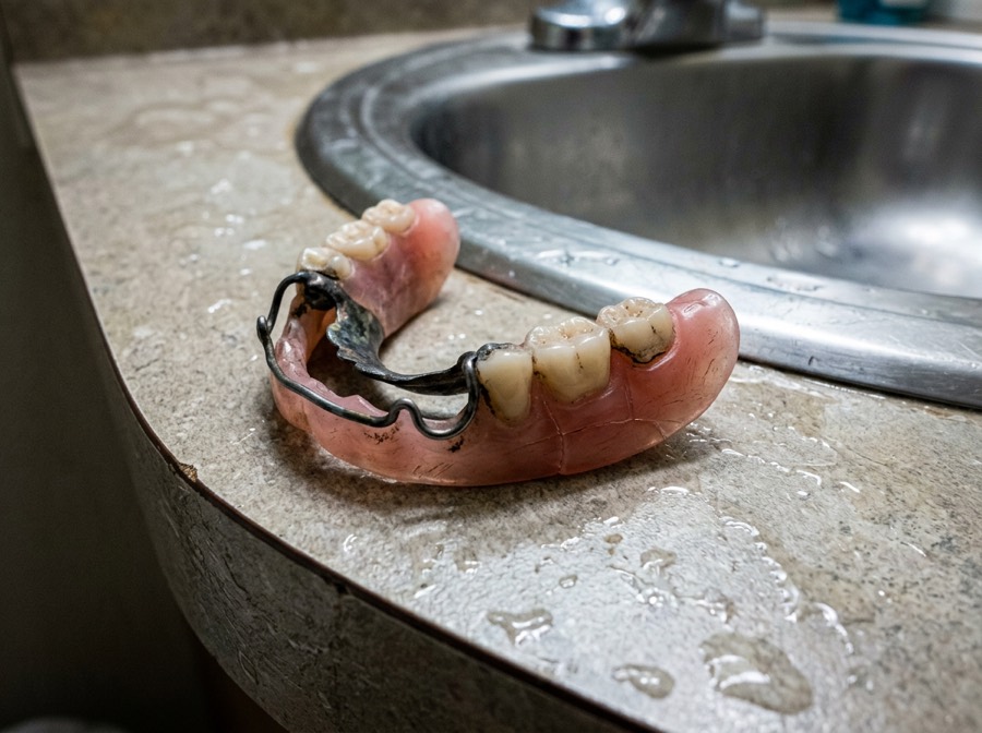 An old cracked partial denture with bent metal clasps lying on a bathroom counter