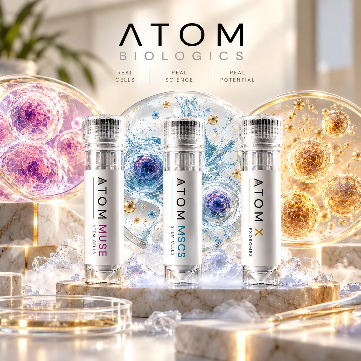 ATOM stem cell products: ATOM MUSE stem cells, ATOM MSC stem cells and ATOM X exosomes
