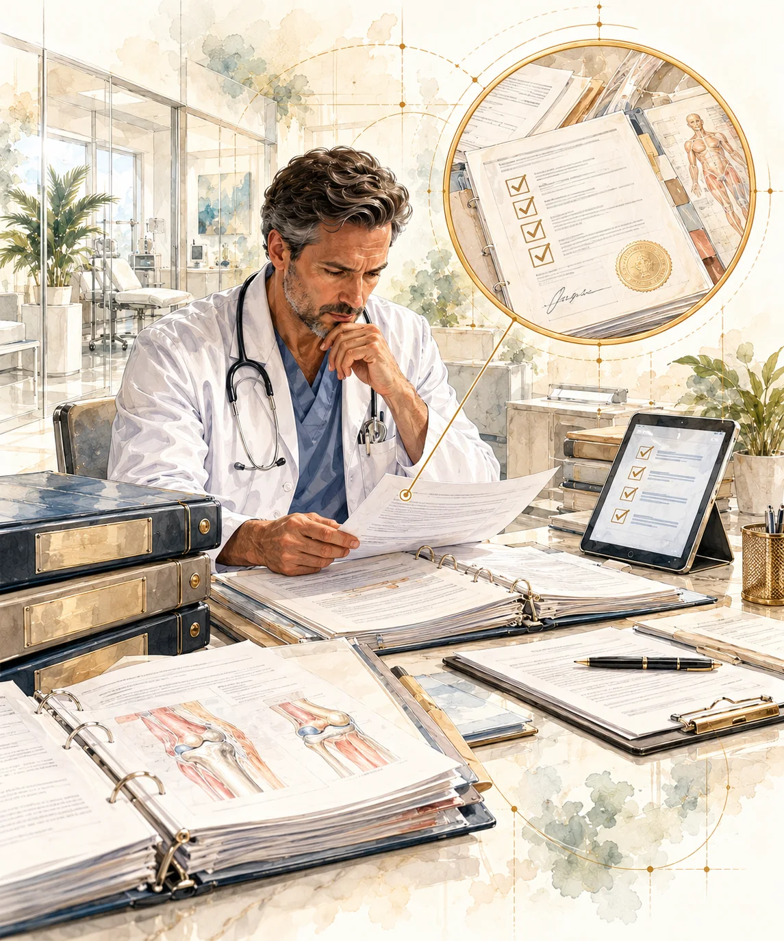 Physician reviewing a stem cell Certificate of Analysis and compliance documentation